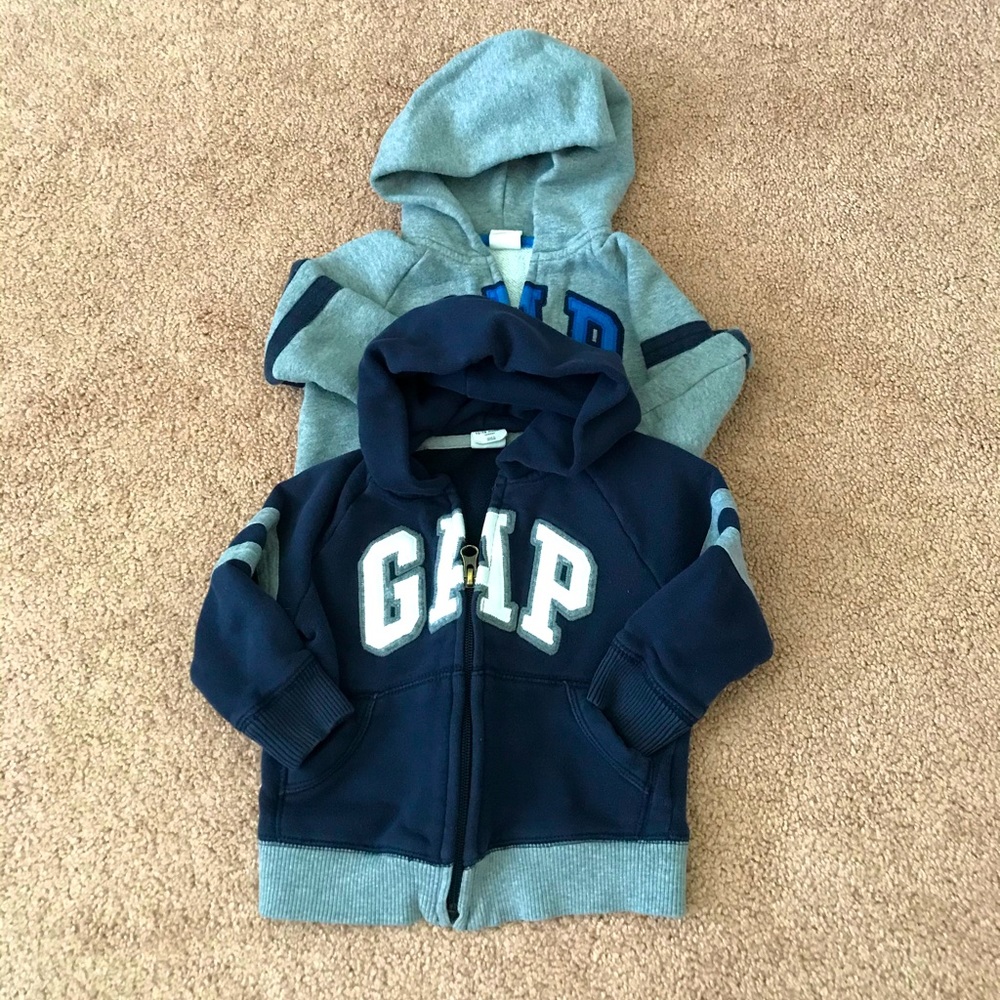 2 Gap Zip up Hoodies-grey and navy blue 12-18 mths
